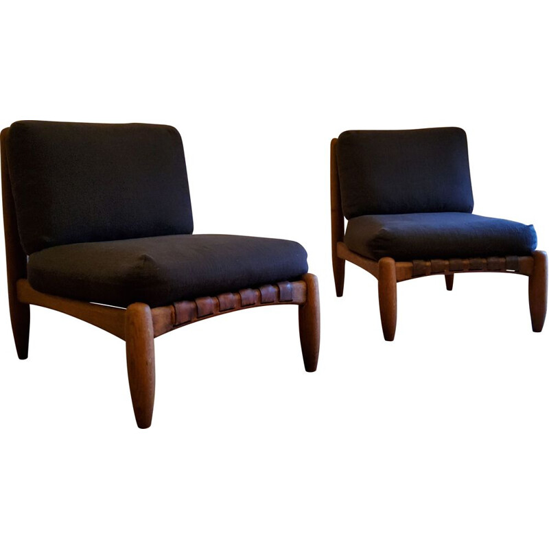 Pair of vintage brutalist armchairs with leather straps