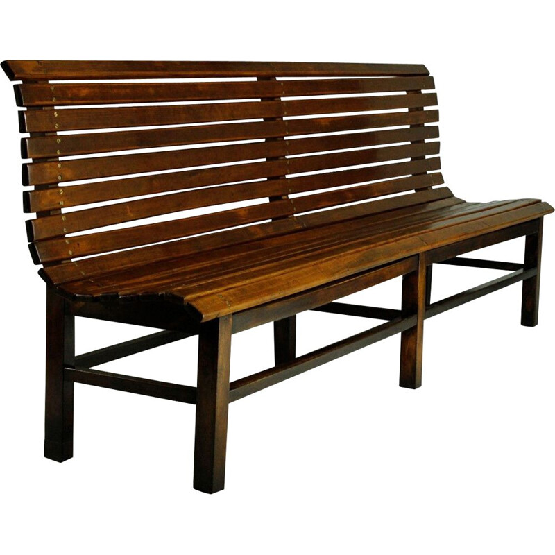 Long indoor railway station bench in solid beech wood 1940