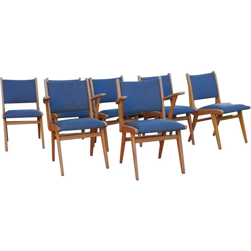 Lot of 7 vintage blue chairs 1960