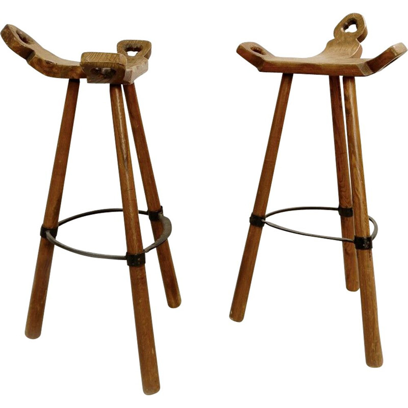 Pair of brutalist vintage bar stools, Spain 1970