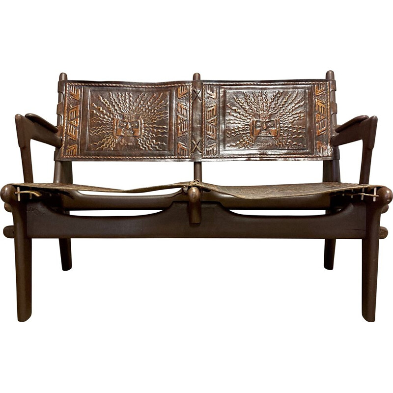 Vintage leather and wood Angel Pazmino 1950 bench seat