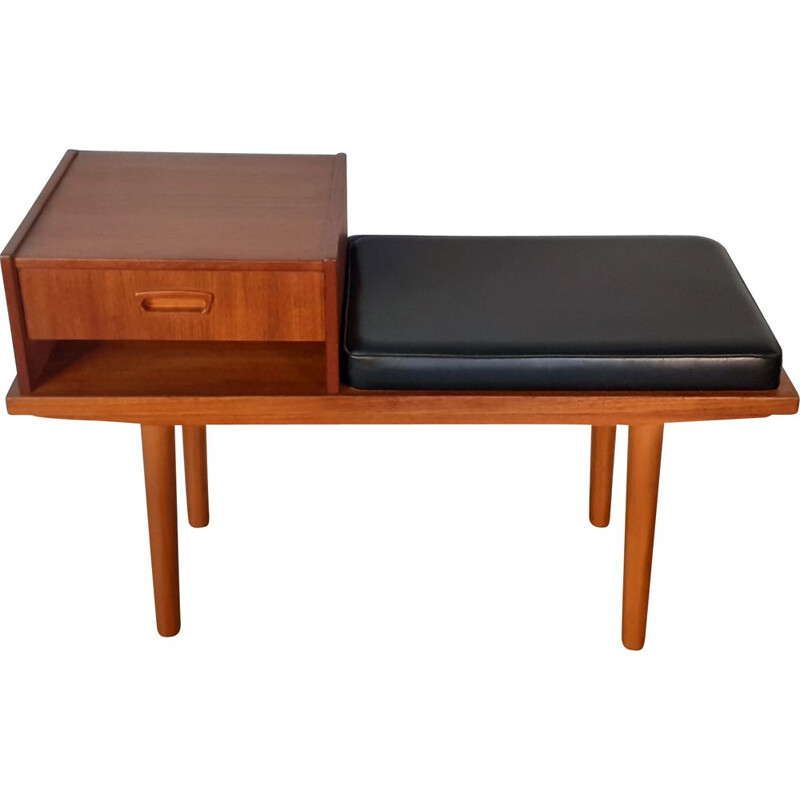 Vintage Telephone Bench 1 drawer in Teak and Scandinavian Black Leather Scandinavian Norwegian 1960s