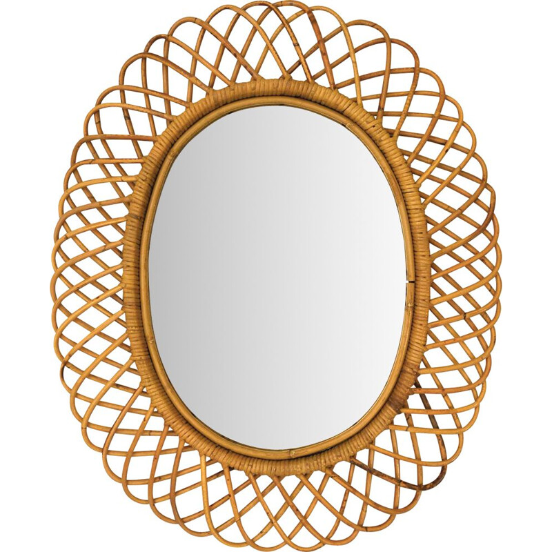 Vintage Mirror Wicker & Bamboo by Franco Albini For Bonacina Italian 1960s