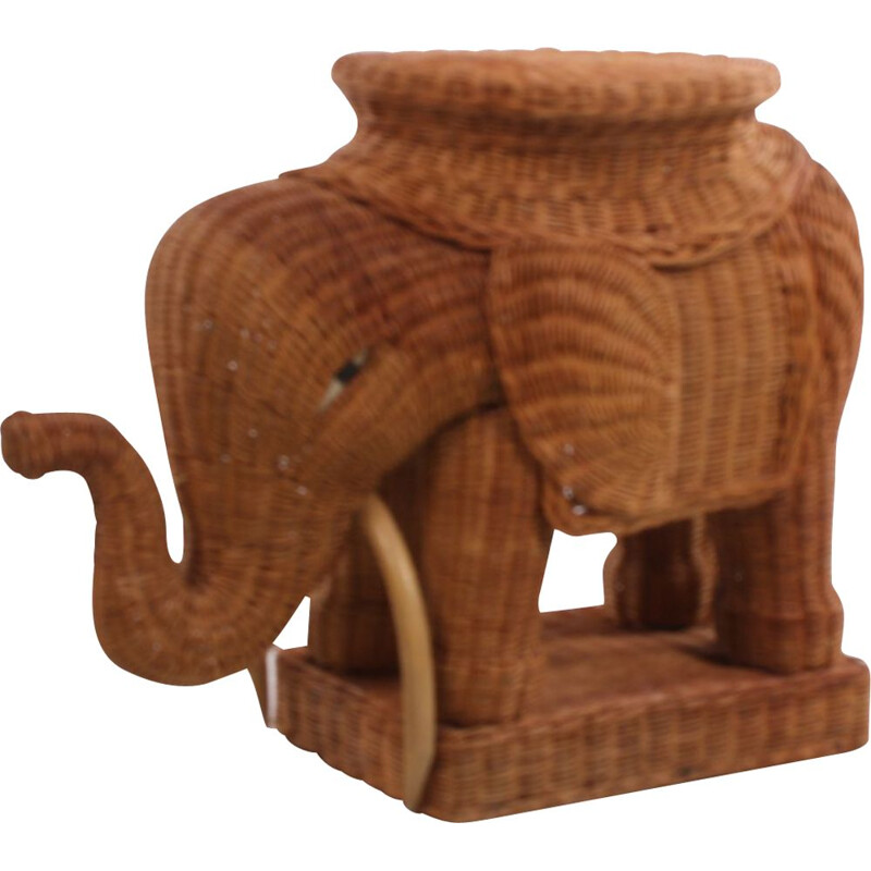 Table d'appoint vintage en rotin et bambou éléphant brun 1960