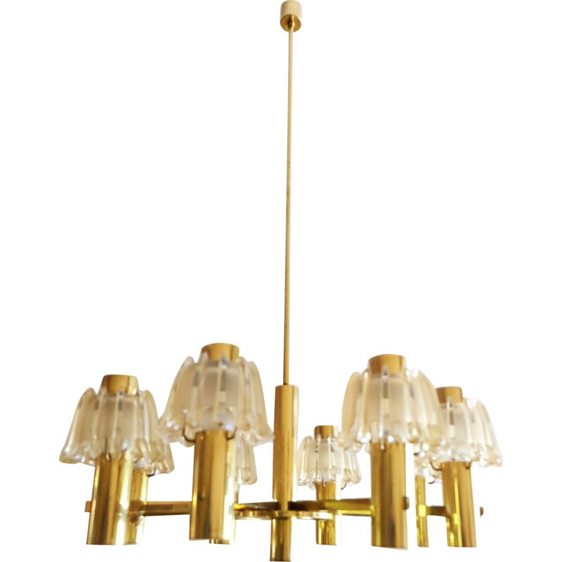 Large Vintage Chandelier Doria Brass and Frosted Glass 1960s