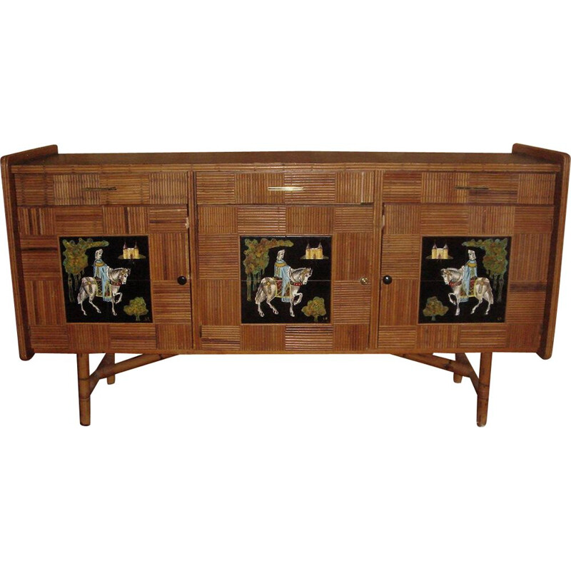 Vintage sideboard rattan and wood Audoux & Minnet 1950