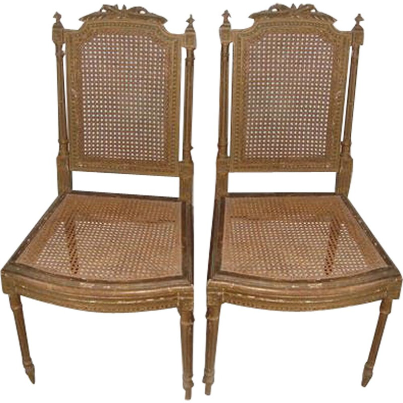 Ein Paar Vintage-Stühle aus vergoldetem Holz von Louis XVI mit Rattangeflecht