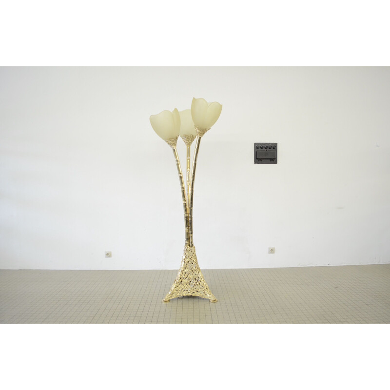 Lampadaire Vintage Vidal Grau en laiton et résine dans une régence florale en contreplaqué
