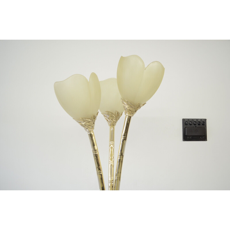 Lampadaire Vintage Vidal Grau en laiton et résine dans une régence florale en contreplaqué