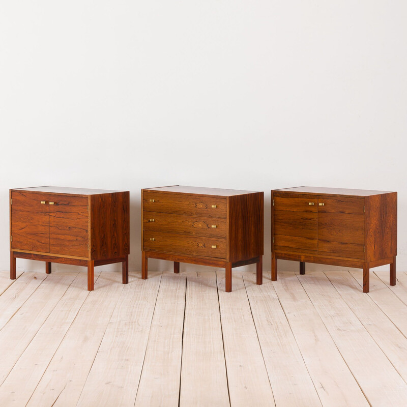 Set of 3 vintage sideboard in three pieces credenza in rosewood with brass handles Danish 1960s