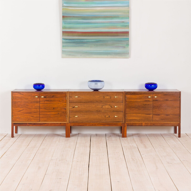 Set of 3 vintage sideboard in three pieces credenza in rosewood with brass handles Danish 1960s