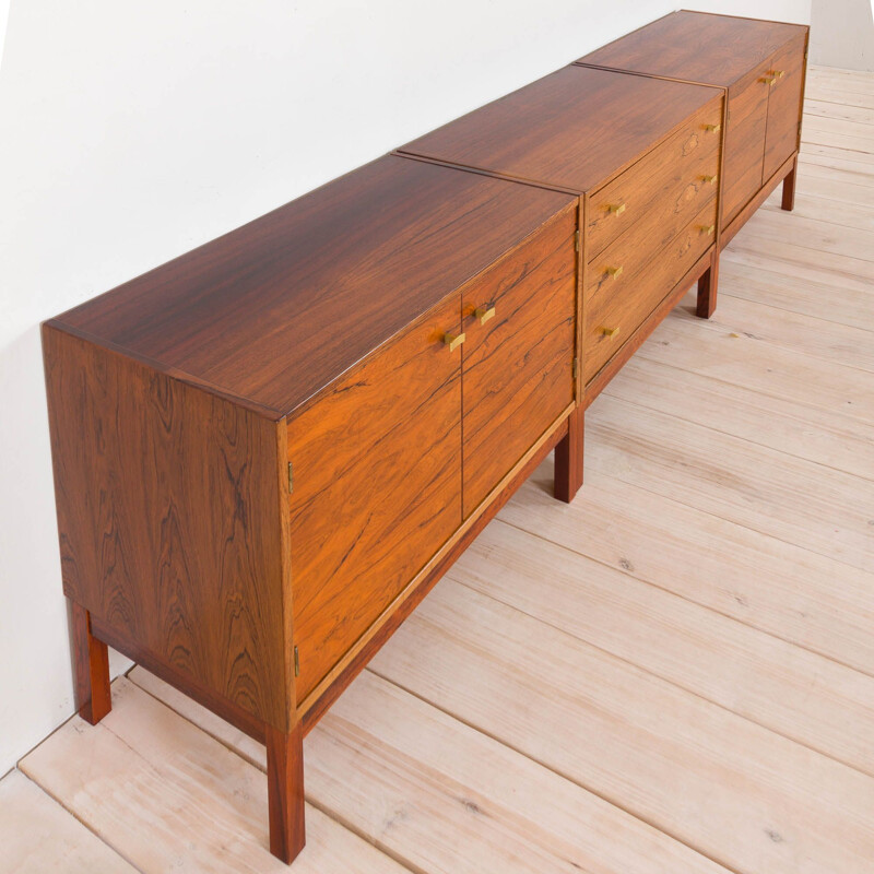 Set of 3 vintage sideboard in three pieces credenza in rosewood with brass handles Danish 1960s