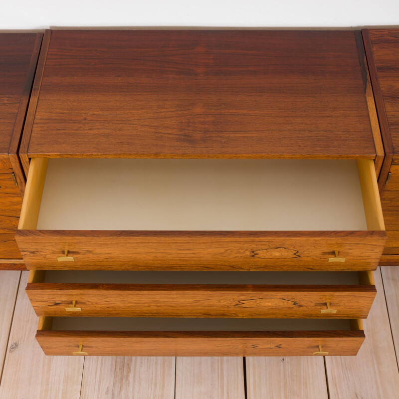 Set of 3 vintage sideboard in three pieces credenza in rosewood with brass handles Danish 1960s