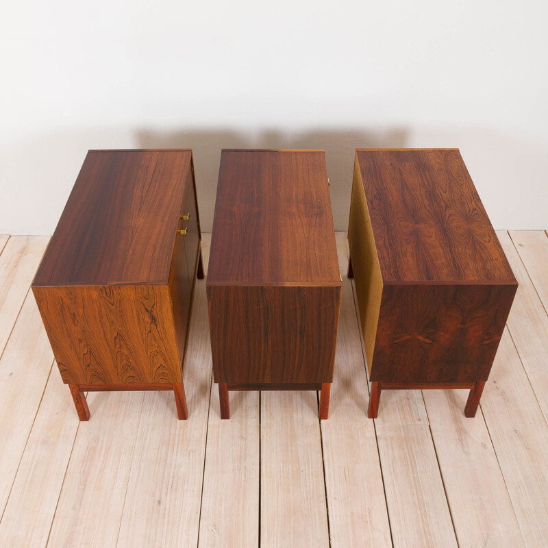 Set of 3 vintage sideboard in three pieces credenza in rosewood with brass handles Danish 1960s