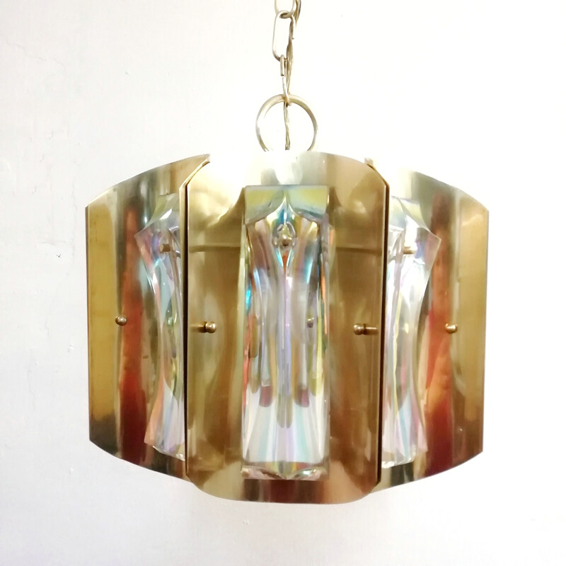 Vintage plafondlamp in messing en iriserende kristallen