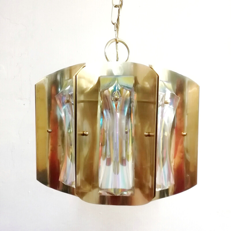 Vintage Brass ceiling lamp and iridescent crystals 