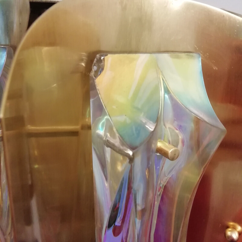 Plafoniera vintage in ottone e cristalli iridescenti