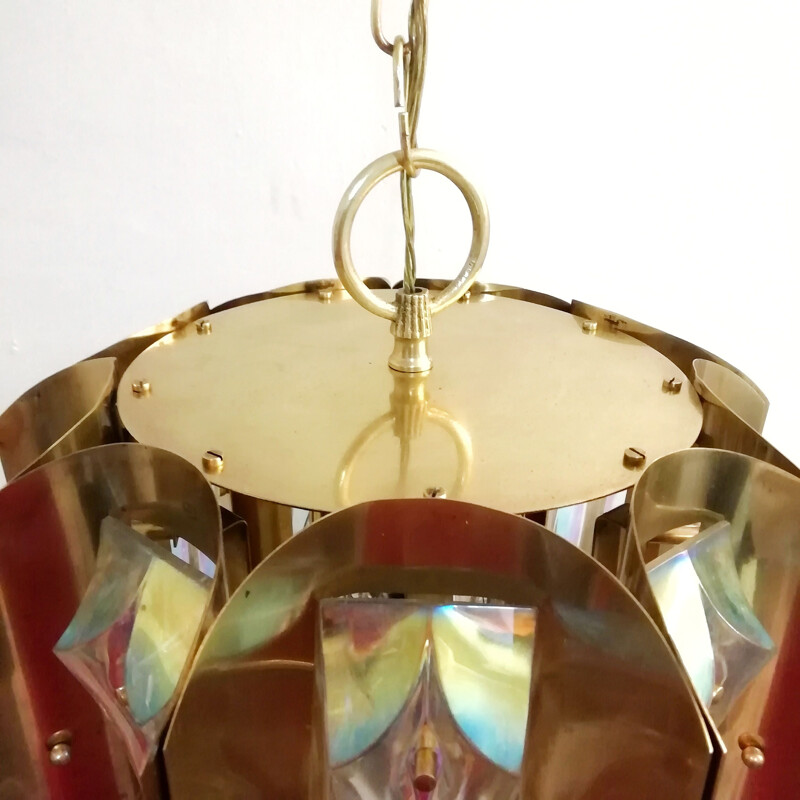 Plafoniera vintage in ottone e cristalli iridescenti