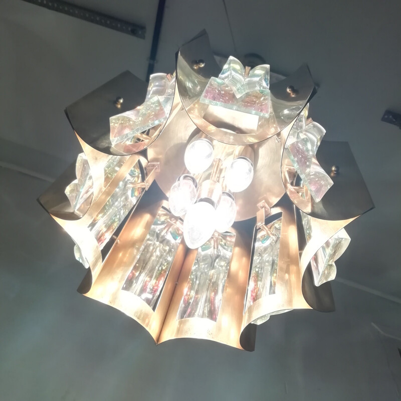 Vintage Brass ceiling lamp and iridescent crystals 