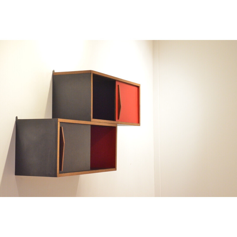  Wall system bookcase in vinyl and teak - 1950s