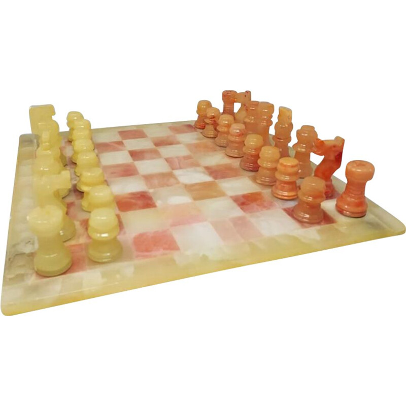 Jeu d'échecs vintage en albâtre de Volterra fait à la main Italie 1960