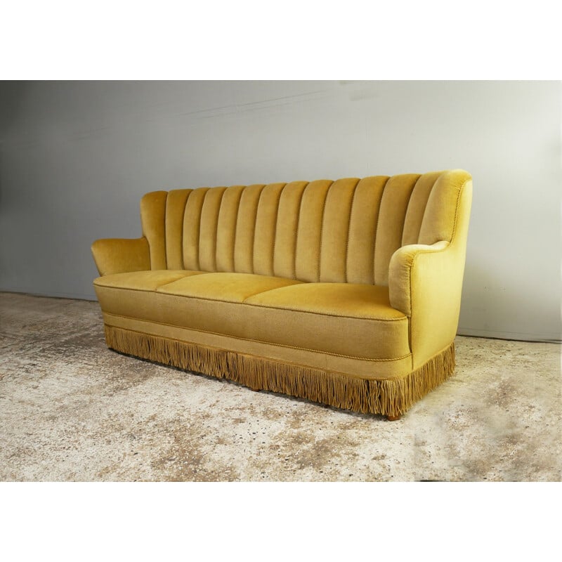 Canapé vintage 3 places en velours jaune Art déco danois 1930