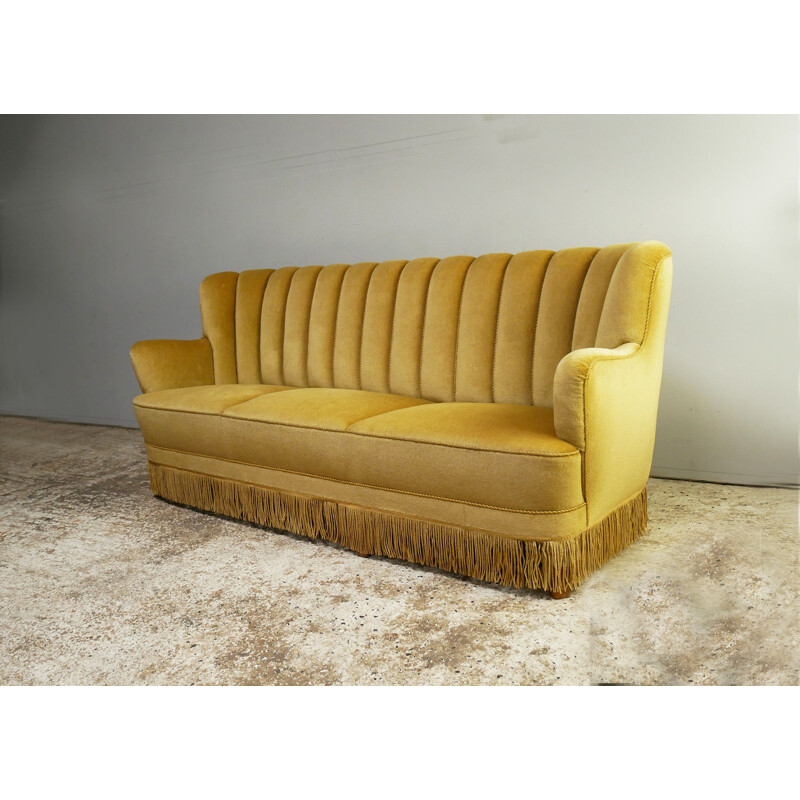 Vintage 3 seat yellow velour sofa Art Deco Danish 1930s