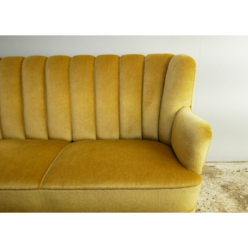 Vintage 3 seat yellow velour sofa Art Deco Danish 1930s