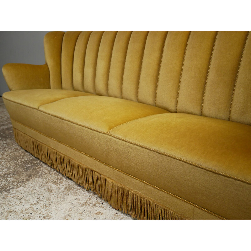 Vintage 3 seat yellow velour sofa Art Deco Danish 1930s