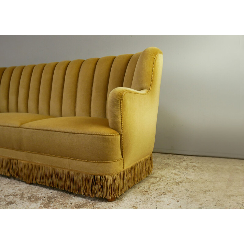 Canapé vintage 3 places en velours jaune Art déco danois 1930