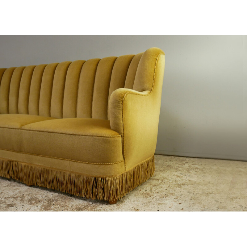 Vintage 3 seat yellow velour sofa Art Deco Danish 1930s