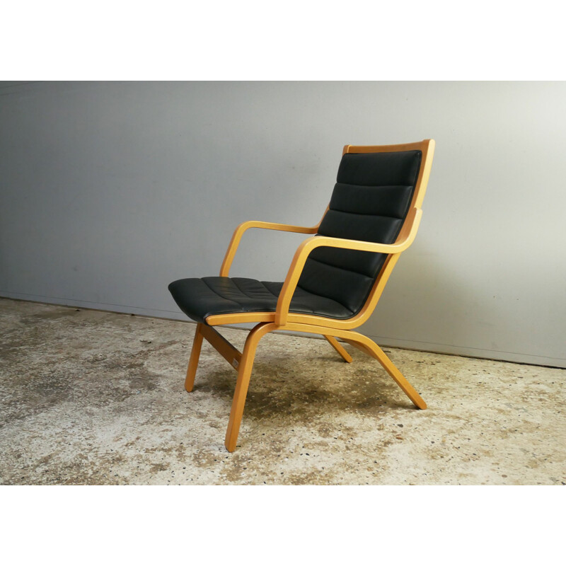 Mid century black leather beech ply armchair Danish 1970s