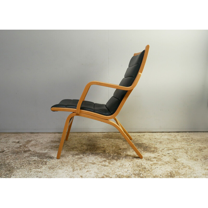 Mid century black leather beech ply armchair Danish 1970s