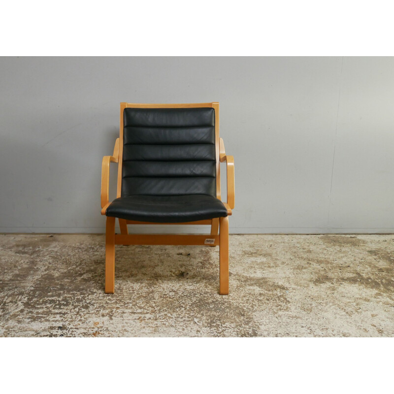 Mid century black leather beech ply armchair Danish 1970s