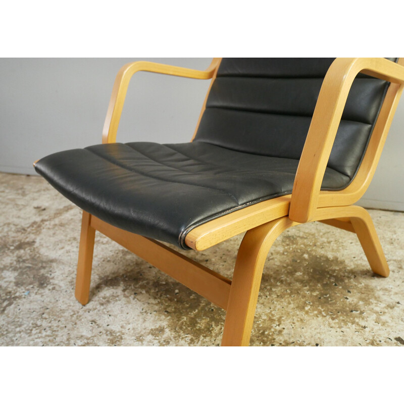 Mid century black leather beech ply armchair Danish 1970s