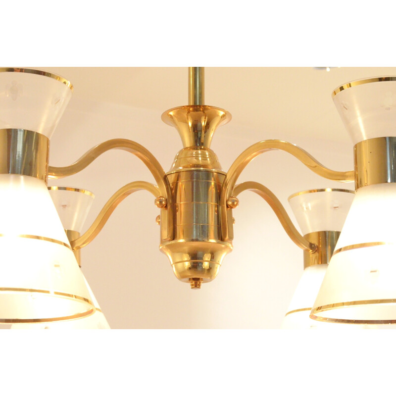 4 lamp shades chandelier in glass and brass - 1950s