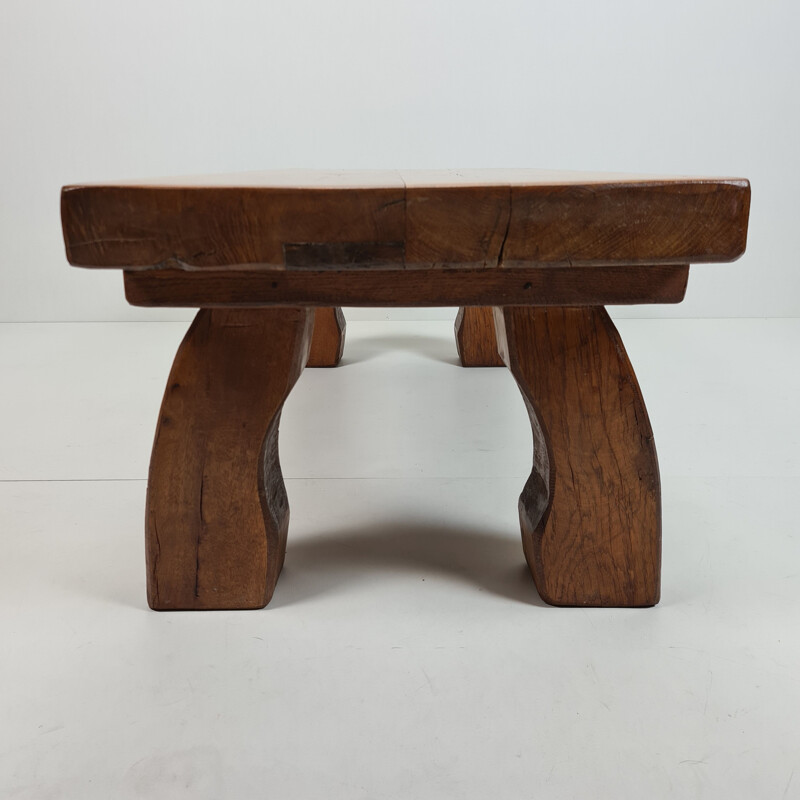 Vintage rectangular solid oak coffee table, rustic and sturdy with curved legs 1970