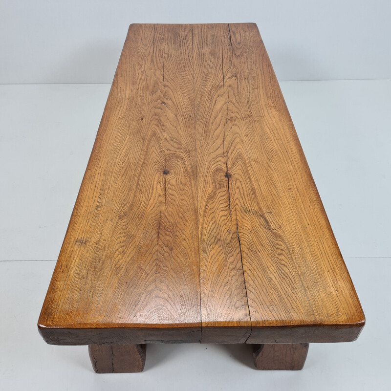 Vintage rectangular solid oak coffee table, rustic and sturdy with curved legs 1970