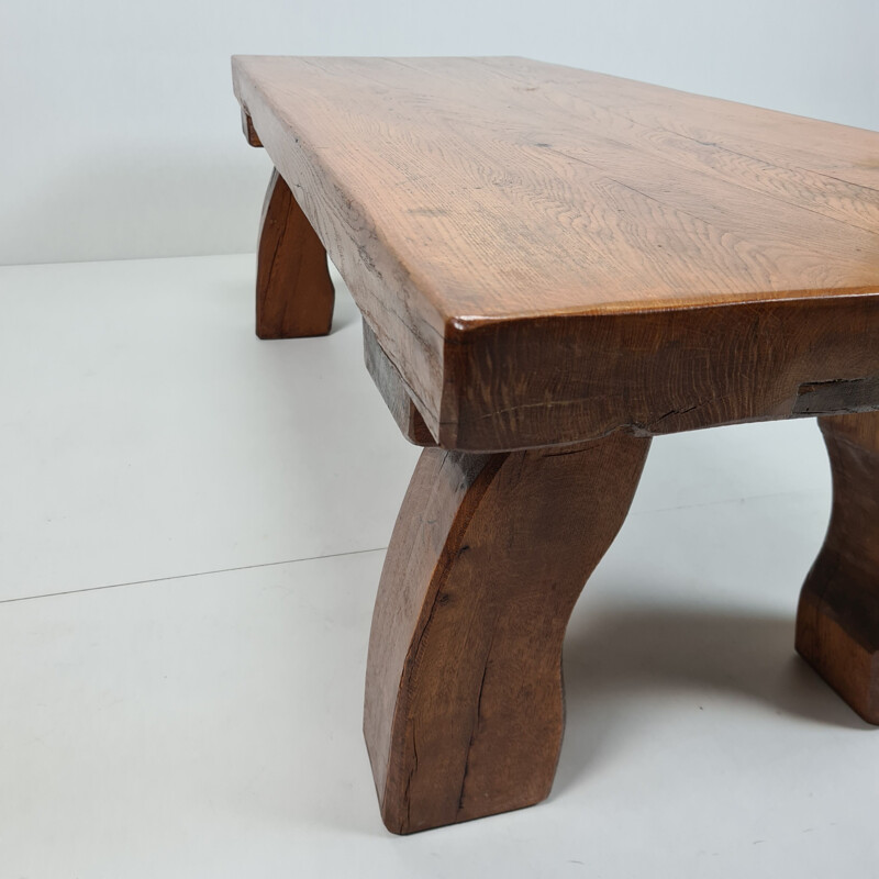 Vintage rectangular solid oak coffee table, rustic and sturdy with curved legs 1970