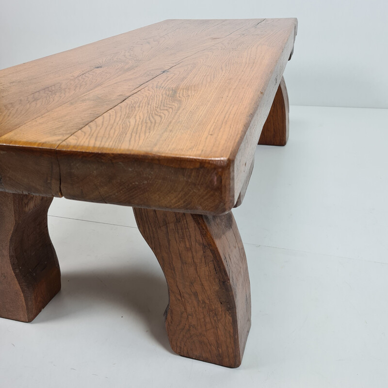 Vintage rectangular solid oak coffee table, rustic and sturdy with curved legs 1970
