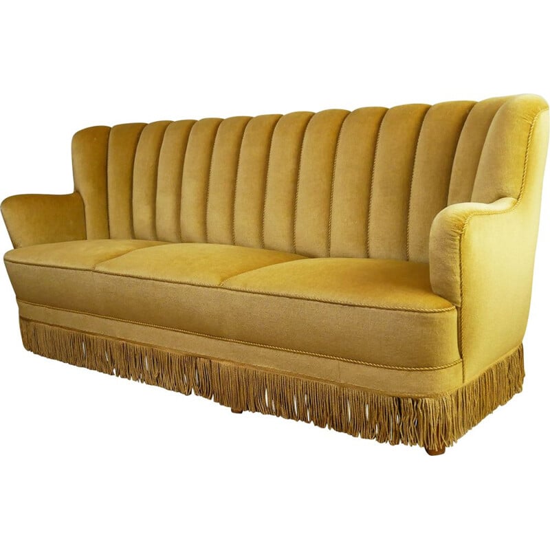 Vintage 3 seat yellow velour sofa Art Deco Danish 1930s