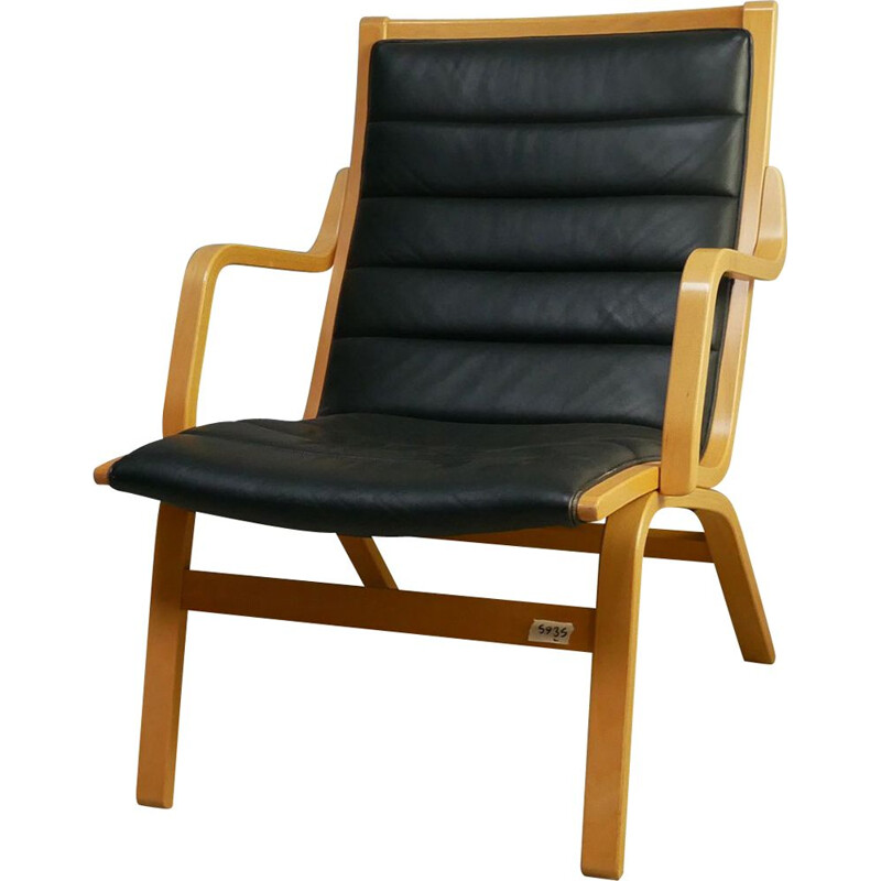 Mid century black leather beech ply armchair Danish 1970s