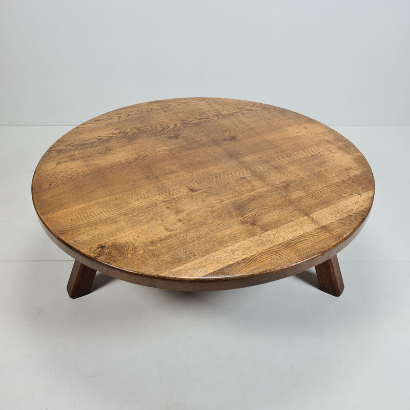 Vintage Robust solid oak round tripod coffee table 1970s