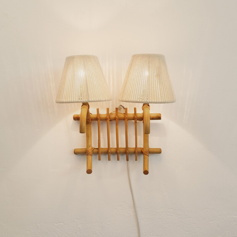 Vintage 2-burner rattan wall light 1960s