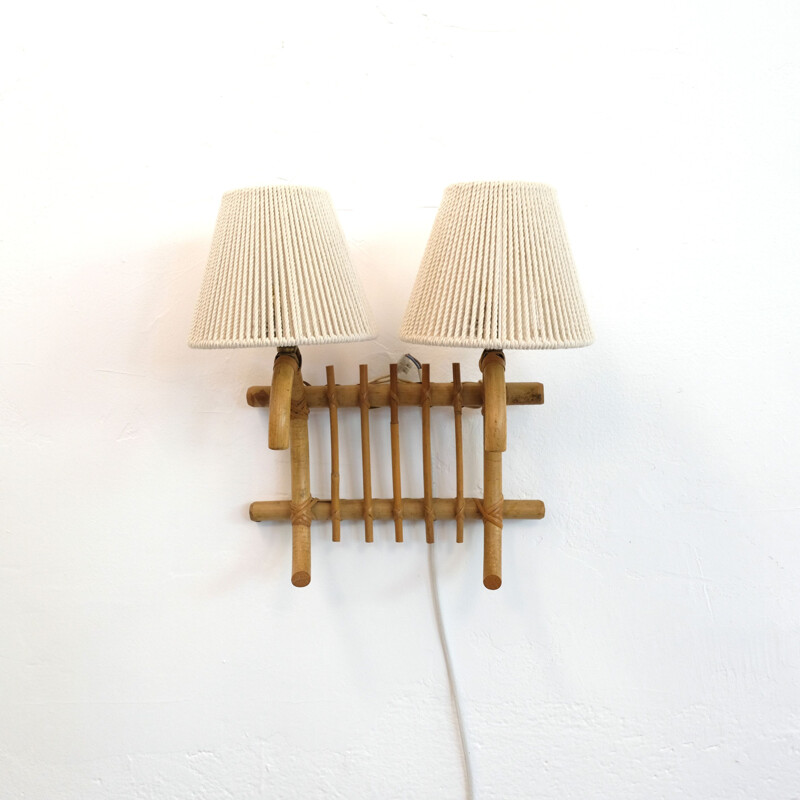 Vintage 2-burner rattan wall light 1960s