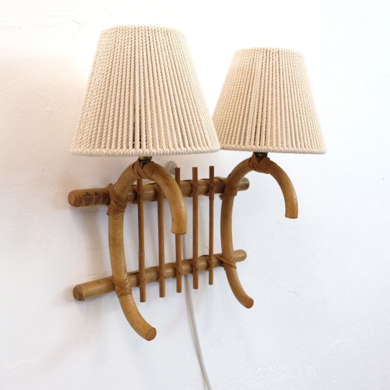 Vintage 2-burner rattan wall light 1960s