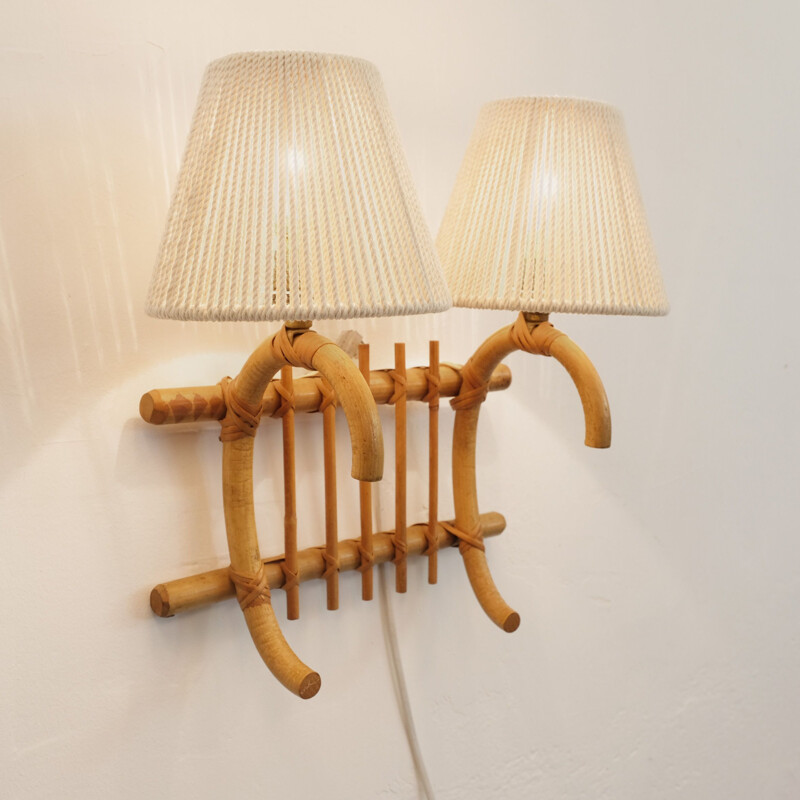 Vintage 2-burner rattan wall light 1960s