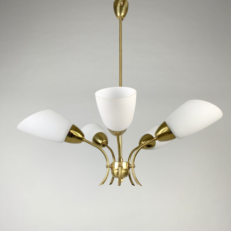 Vintage brass and white glass chandelier, Czechoslovakia 1980