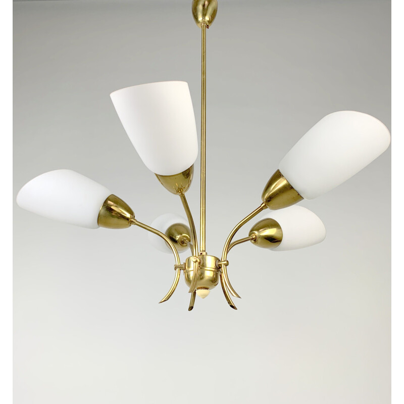 Vintage brass and white glass chandelier, Czechoslovakia 1980