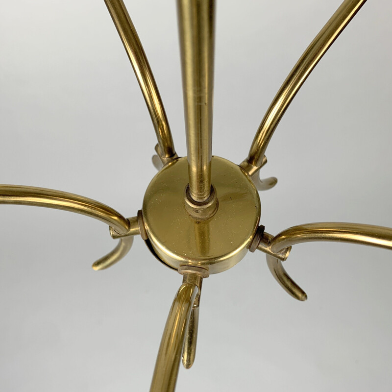 Vintage brass and white glass chandelier, Czechoslovakia 1980